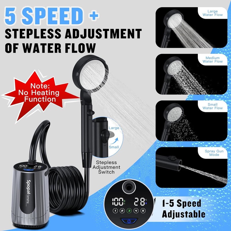 Spopal Portable Shower for Camping, [Upgraded] 10000mAh Rechargeable Camping Shower with 5 Adjustable Speeds,Premium LED Display, IPX8 Waterproof Outdoor Shower Kit for Hiking, Car, Pet, Travel - Image 3